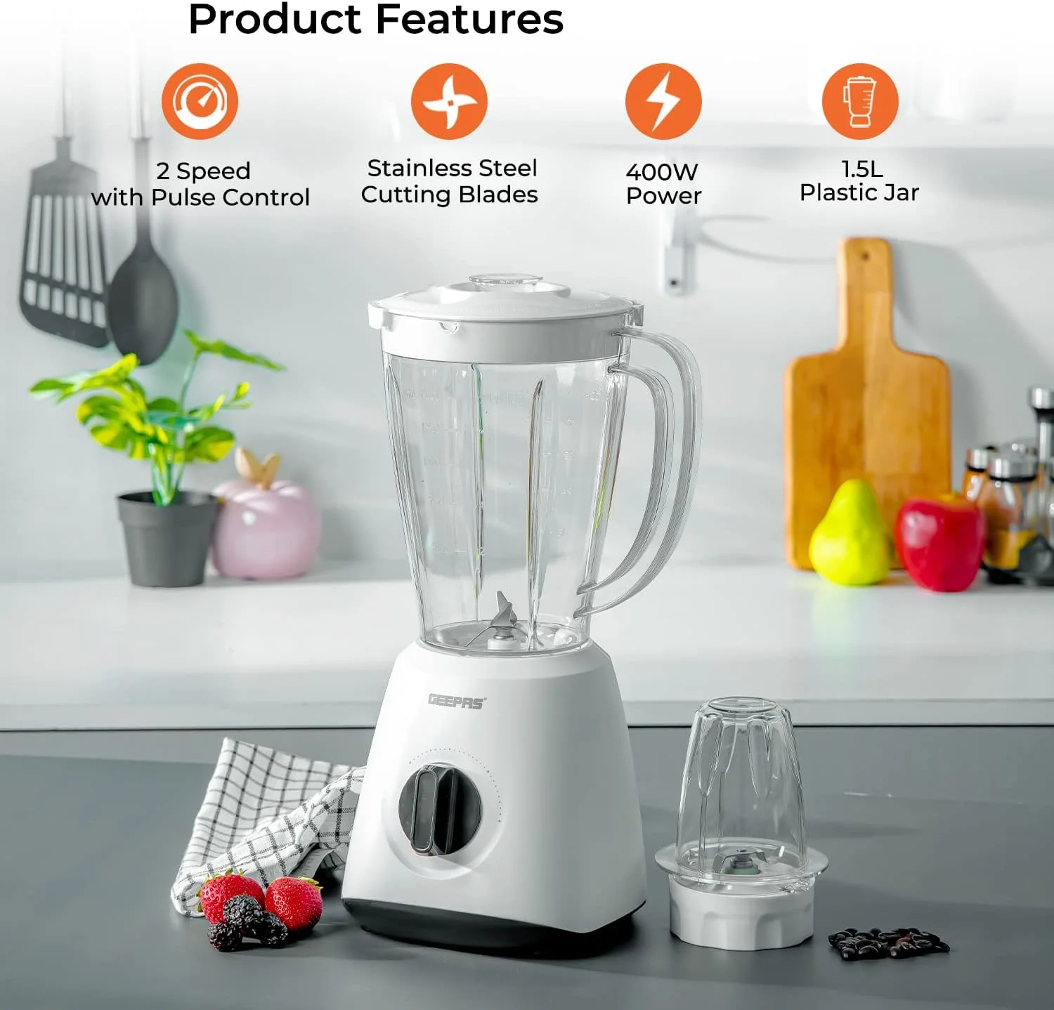 Geepas Geepas-Powerful 600W Powerful Motor Multi-functional 2 in 1 Blender with 2 Speed & Pulse Option|GSB44027T (1.8L) - Image 3