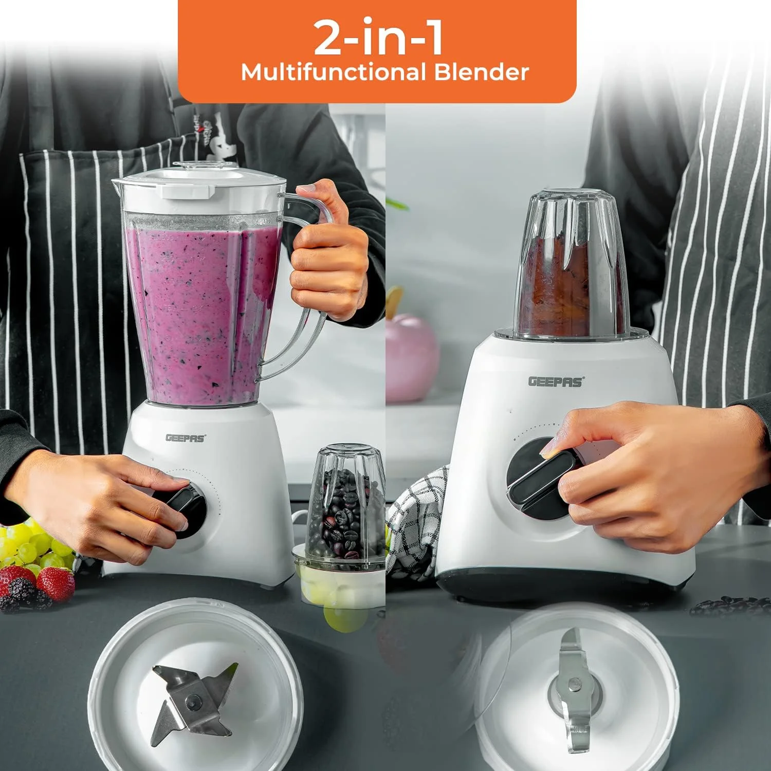 Geepas Geepas-Powerful 600W Powerful Motor Multi-functional 2 in 1 Blender with 2 Speed & Pulse Option|GSB44027T (1.8L) - Image 4