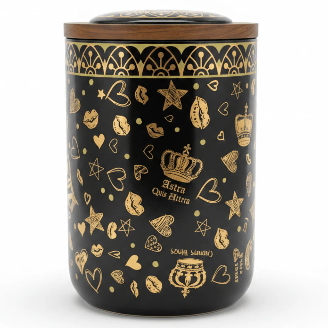 Black & Gold Royal Ceramic Canister with Wooden Lid | 15×10cm | Luxury Storage Jar