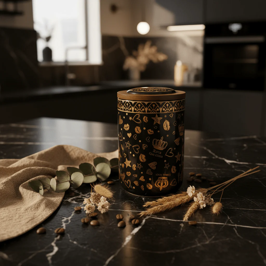 Black & Gold Royal Ceramic Canister with Wooden Lid | 15×10cm | Luxury Storage Jar - Image 2