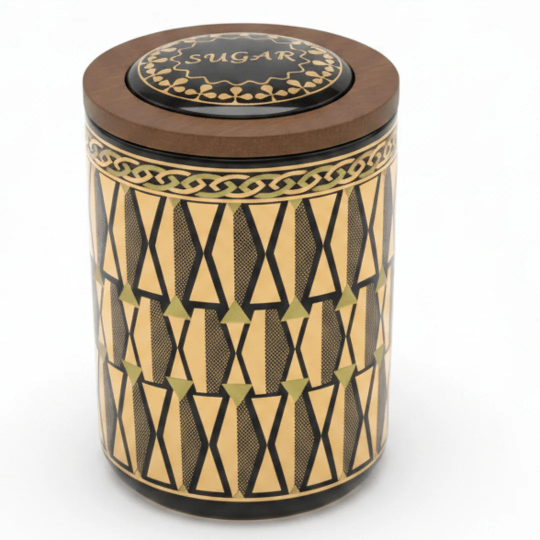 Black & Gold Geometric Ceramic Canister with Lid | 15×10cm