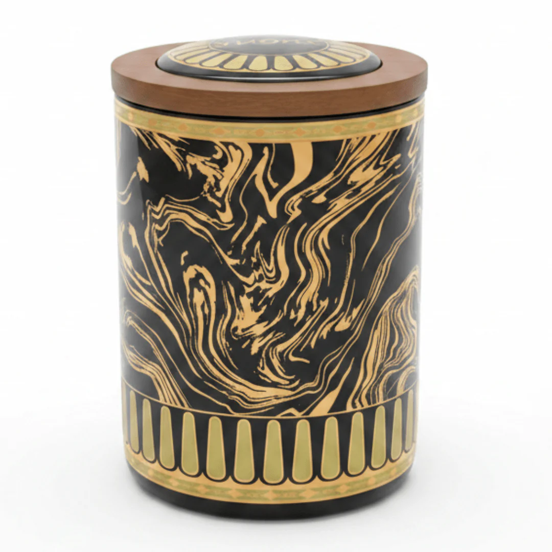 Black & Gold Marble Ceramic Canister with Wooden Lid | 15×10cm | Premium Kitchen Storage