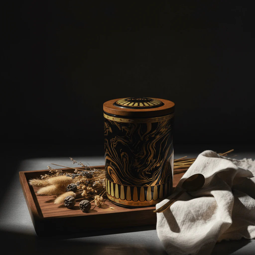 Black & Gold Marble Ceramic Canister with Wooden Lid | 15×10cm | Premium Kitchen Storage - Image 3