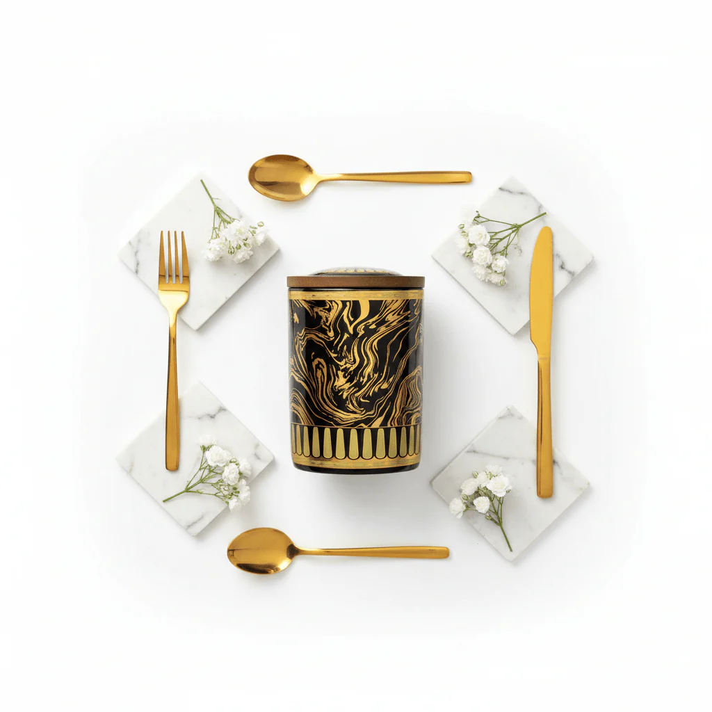 Black & Gold Marble Ceramic Canister with Wooden Lid | 15×10cm | Premium Kitchen Storage - Image 4