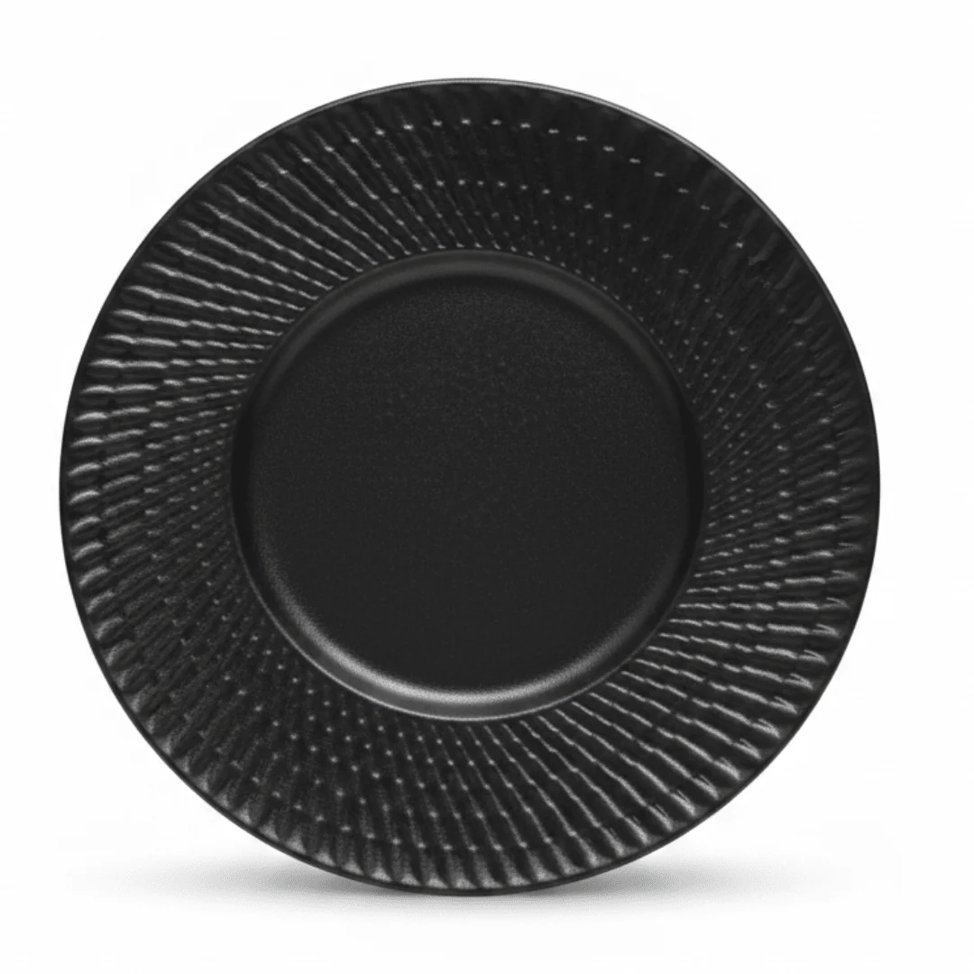 Black Ceramic Round Charger Plate with Embossed Radial Rim – 8.5 Inch