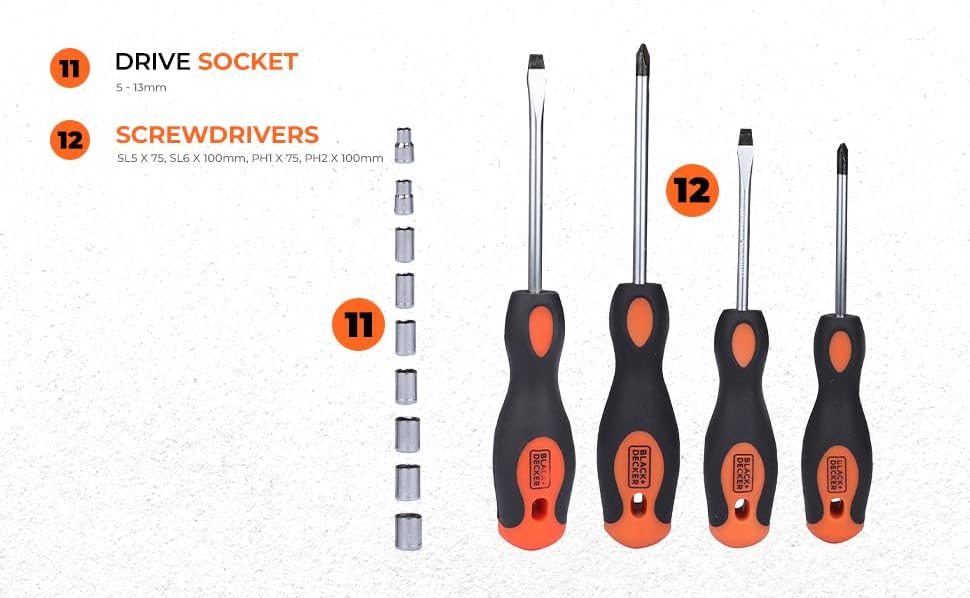 Black & Decker 108 Pieces Hand Tool Kitfor Home & Office Orange/Black BMT108C - Image 16