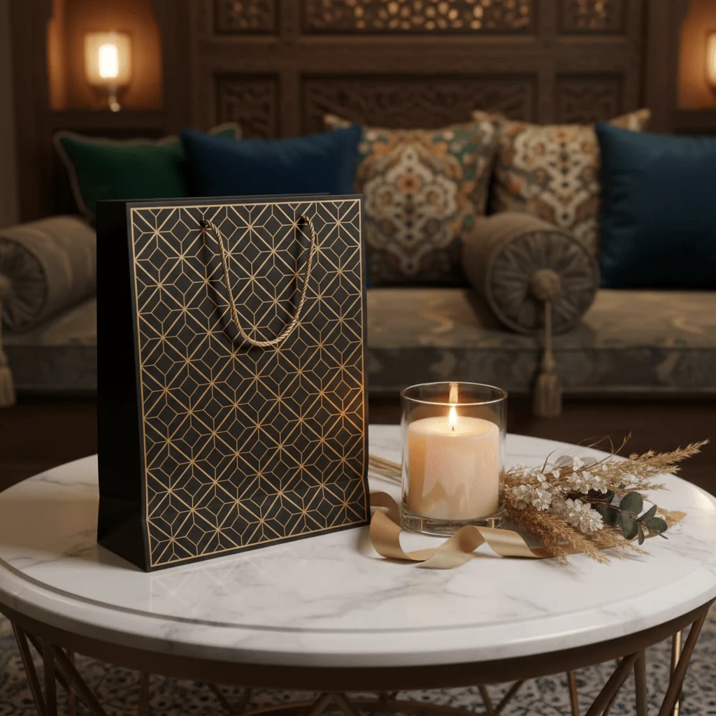 Black & Gold Geometric Paper Gift Bag – 40×30cm | Premium Foil Pattern with Twisted Rope Handles | - Image 2