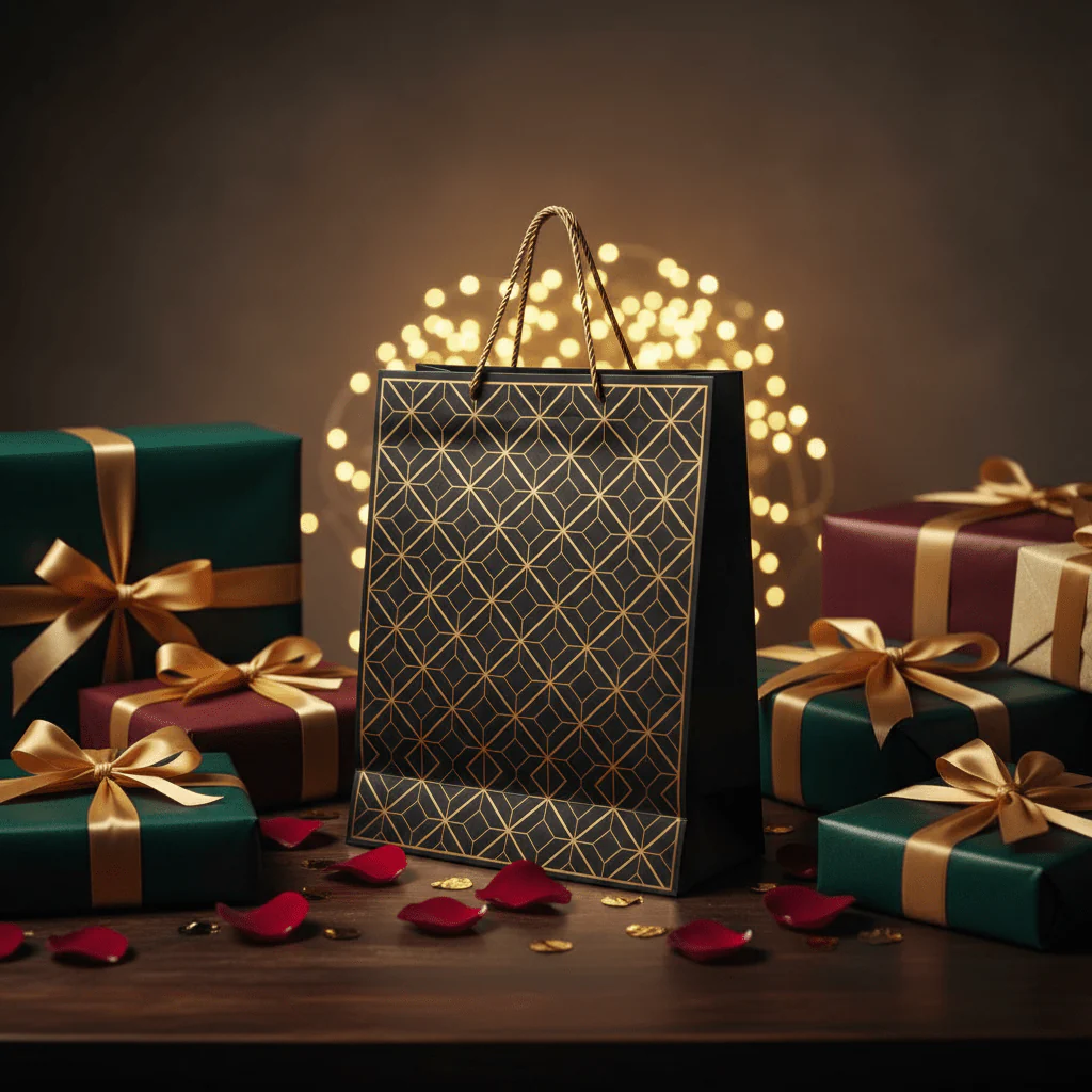Black & Gold Geometric Paper Gift Bag – 40×30cm | Premium Foil Pattern with Twisted Rope Handles | - Image 3