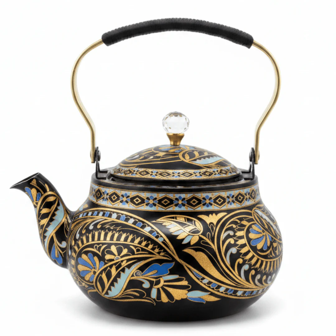 Black & Gold Ornate Metal Tea Kettle 1.5L | Elegant Crystal Knob Lid | Luxury Arabic Hospitality Teapot with Floral Paisley Design