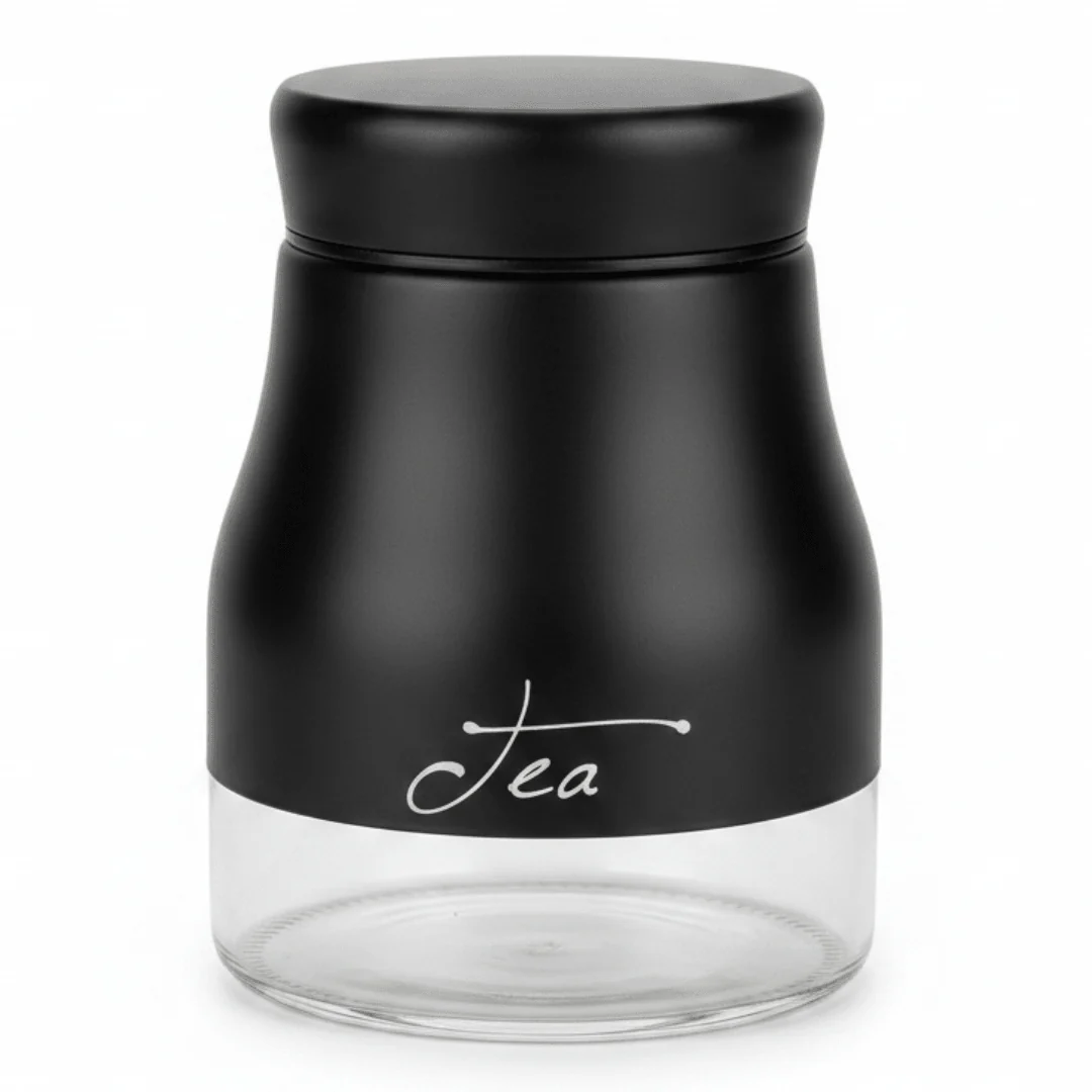 Black Matte Metal & Glass Tea Canister — 750ml | Airtight Storage Jar