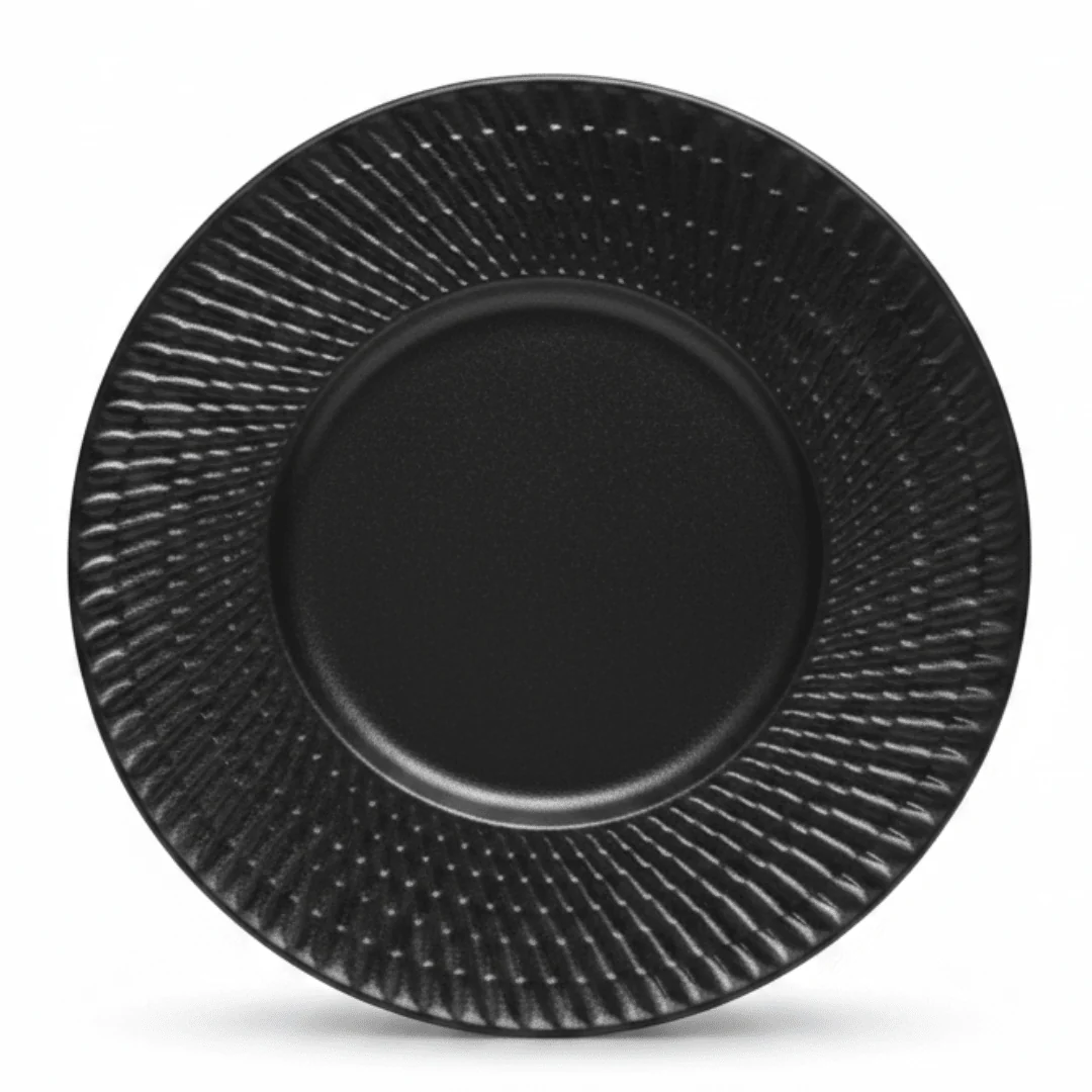 Black Ceramic Round Dinner Plate with Embossed Radial Rim – 10.5 Inch