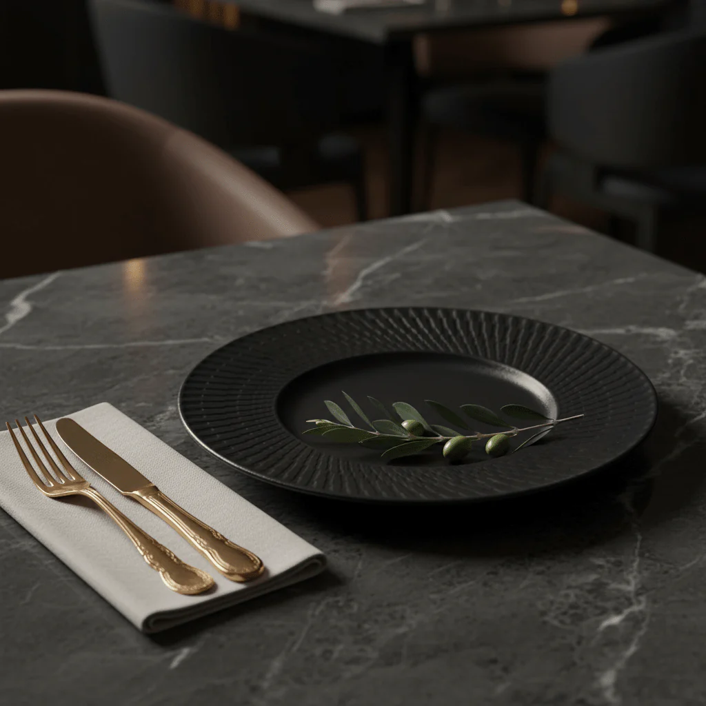 Black Ceramic Round Dinner Plate with Embossed Radial Rim – 10.5 Inch - Image 4