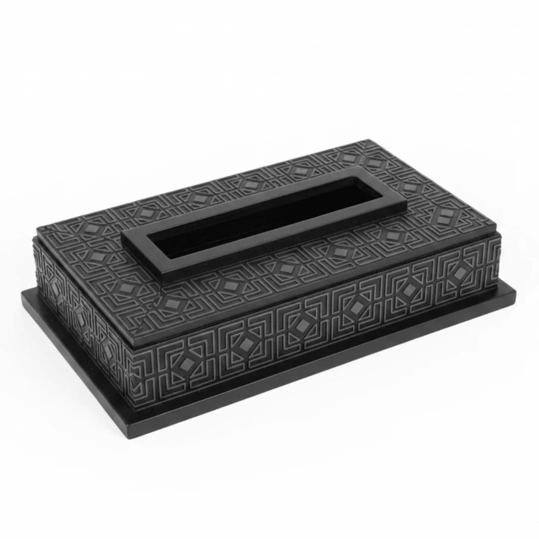 Black Wooden Tissue Box — Islamic Geometric Pattern | 23×12 cm