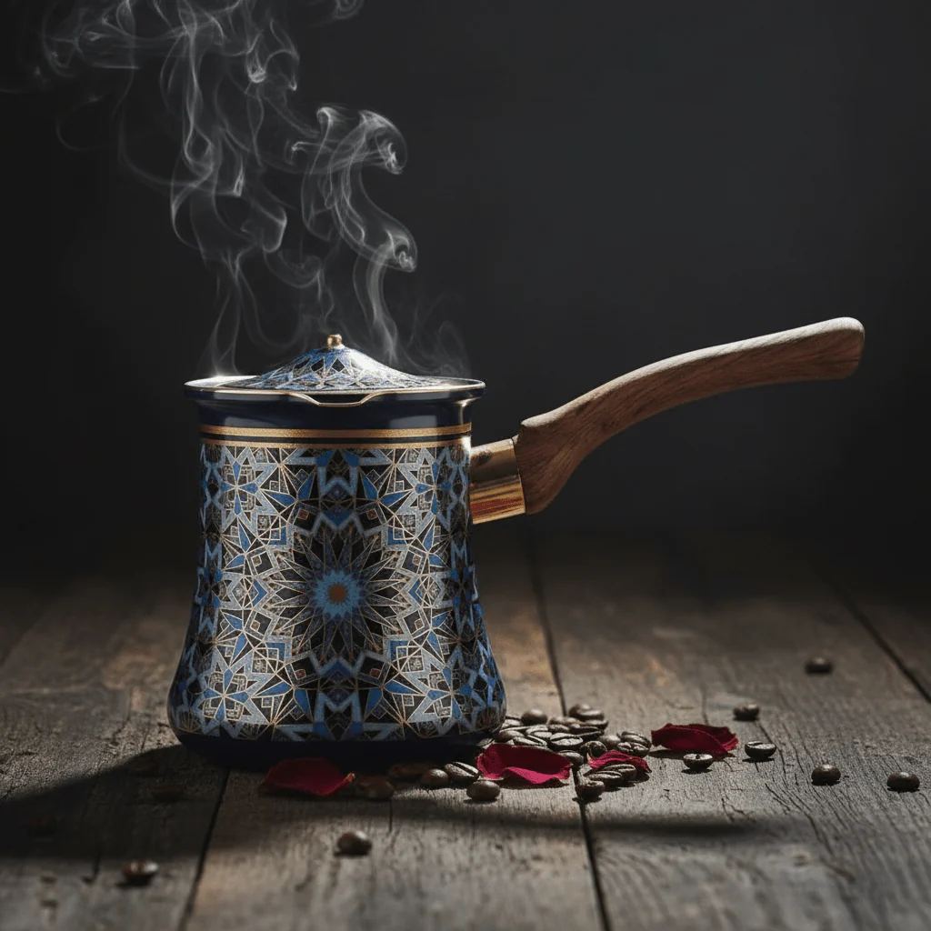 Blue & Black Decorative Metal Coffee Warmer with Mosaic Islamic Geometric Pattern, Wooden Handle & Lid – 400ml - Image 2