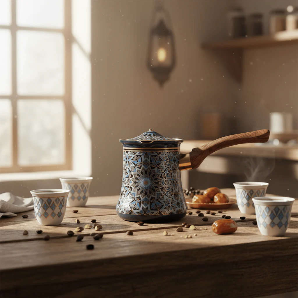 Blue & Black Decorative Metal Coffee Warmer with Mosaic Islamic Geometric Pattern, Wooden Handle & Lid – 600ml - Image 2