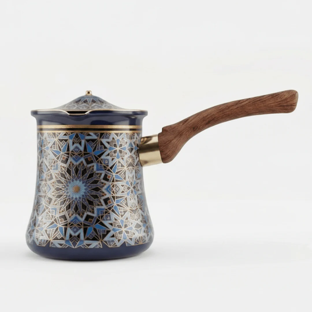 Blue & Black Decorative Metal Coffee Warmer with Mosaic Islamic Geometric Pattern, Wooden Handle & Lid – 200ml