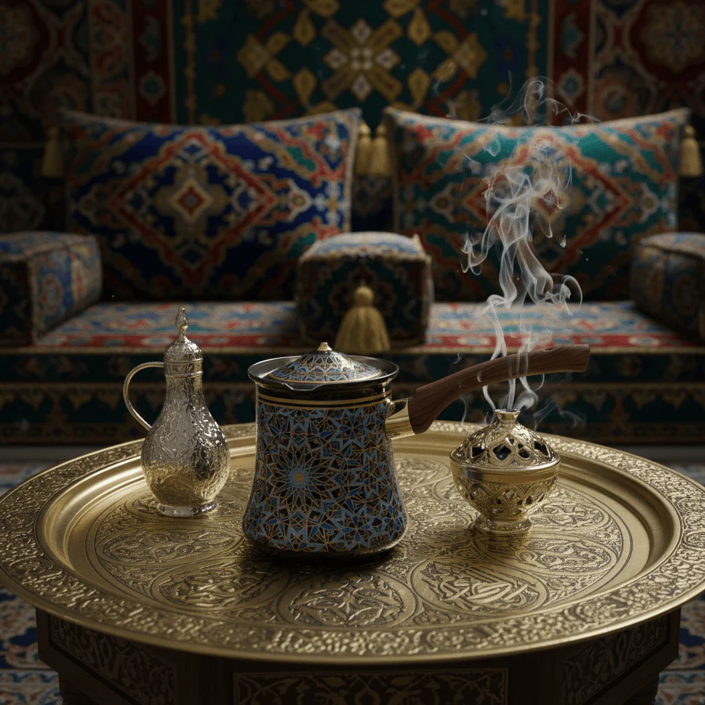 Blue & Black Decorative Metal Coffee Warmer with Mosaic Islamic Geometric Pattern, Wooden Handle & Lid – 200ml - Image 2