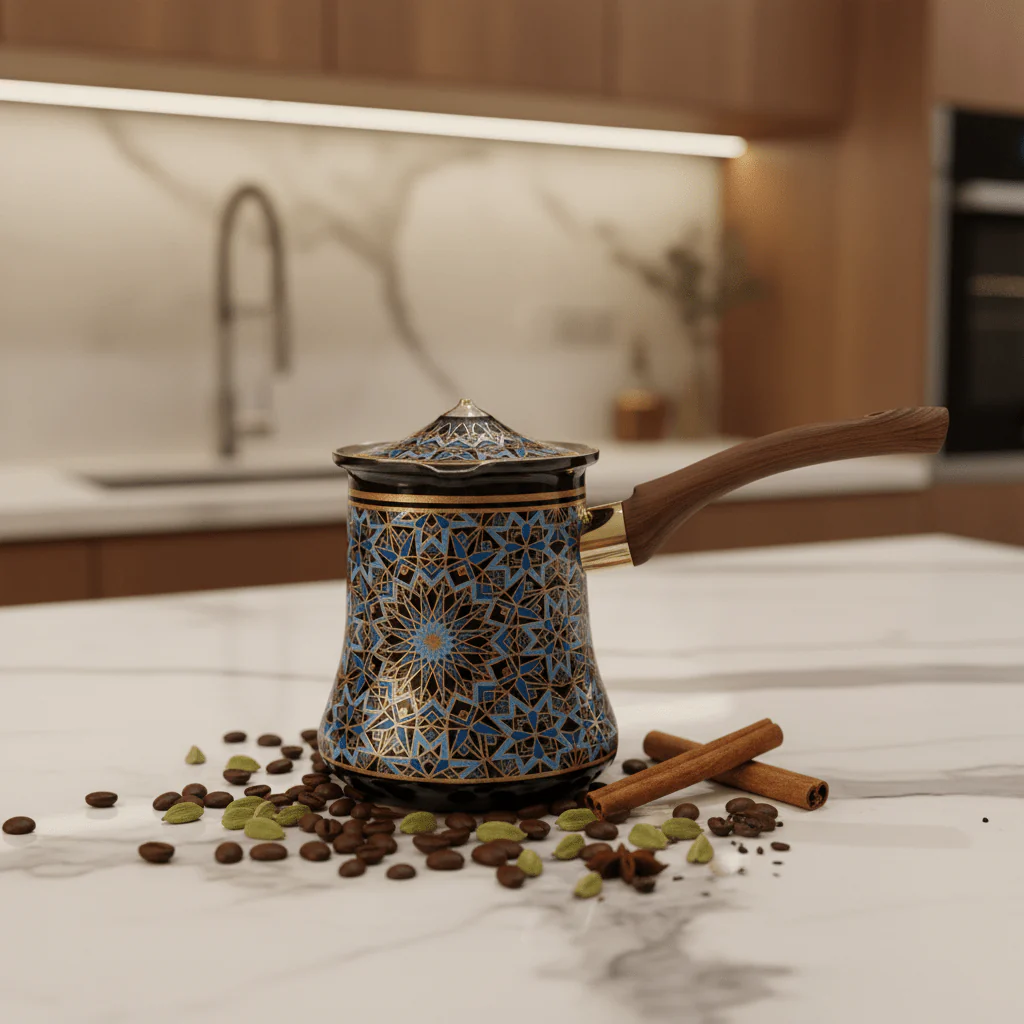 Blue & Black Decorative Metal Coffee Warmer with Mosaic Islamic Geometric Pattern, Wooden Handle & Lid – 200ml - Image 3