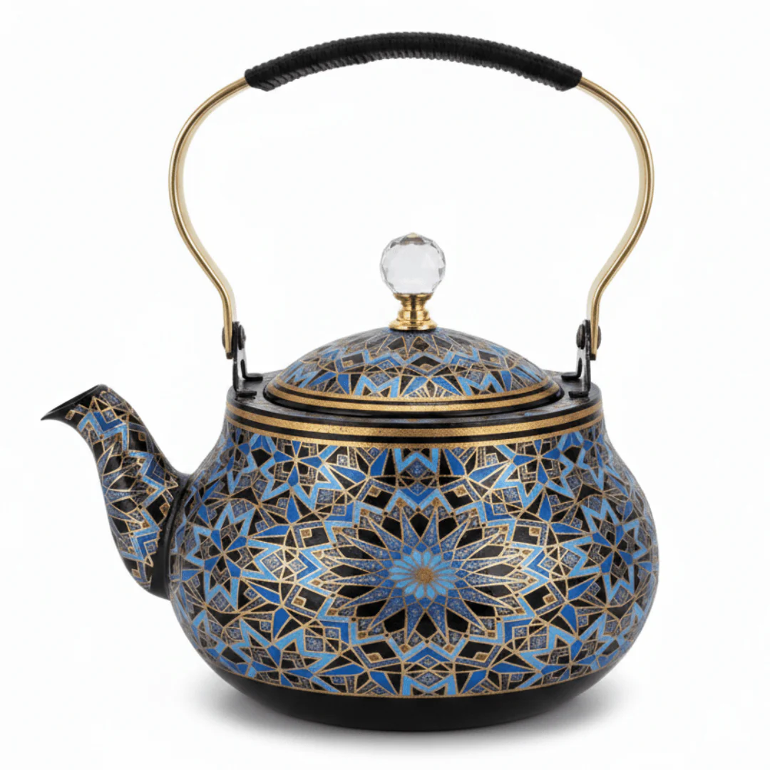 Blue & Black Enamel Metal Kettle with Islamic Geometric Mosaic Pattern, Crystal Lid Knob & Gold Handle | 1.5 Litre |