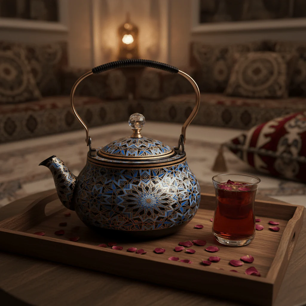Blue & Black Enamel Metal Kettle with Islamic Geometric Mosaic Pattern, Crystal Lid Knob & Gold Handle | 1.5 Litre | - Image 2