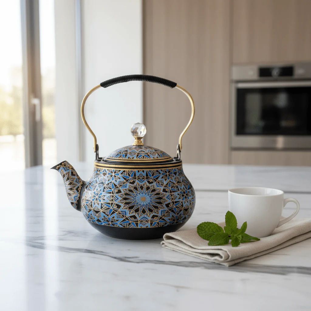 Blue & Black Enamel Metal Kettle with Islamic Geometric Mosaic Pattern, Crystal Lid Knob & Gold Handle | 1.5 Litre | - Image 3