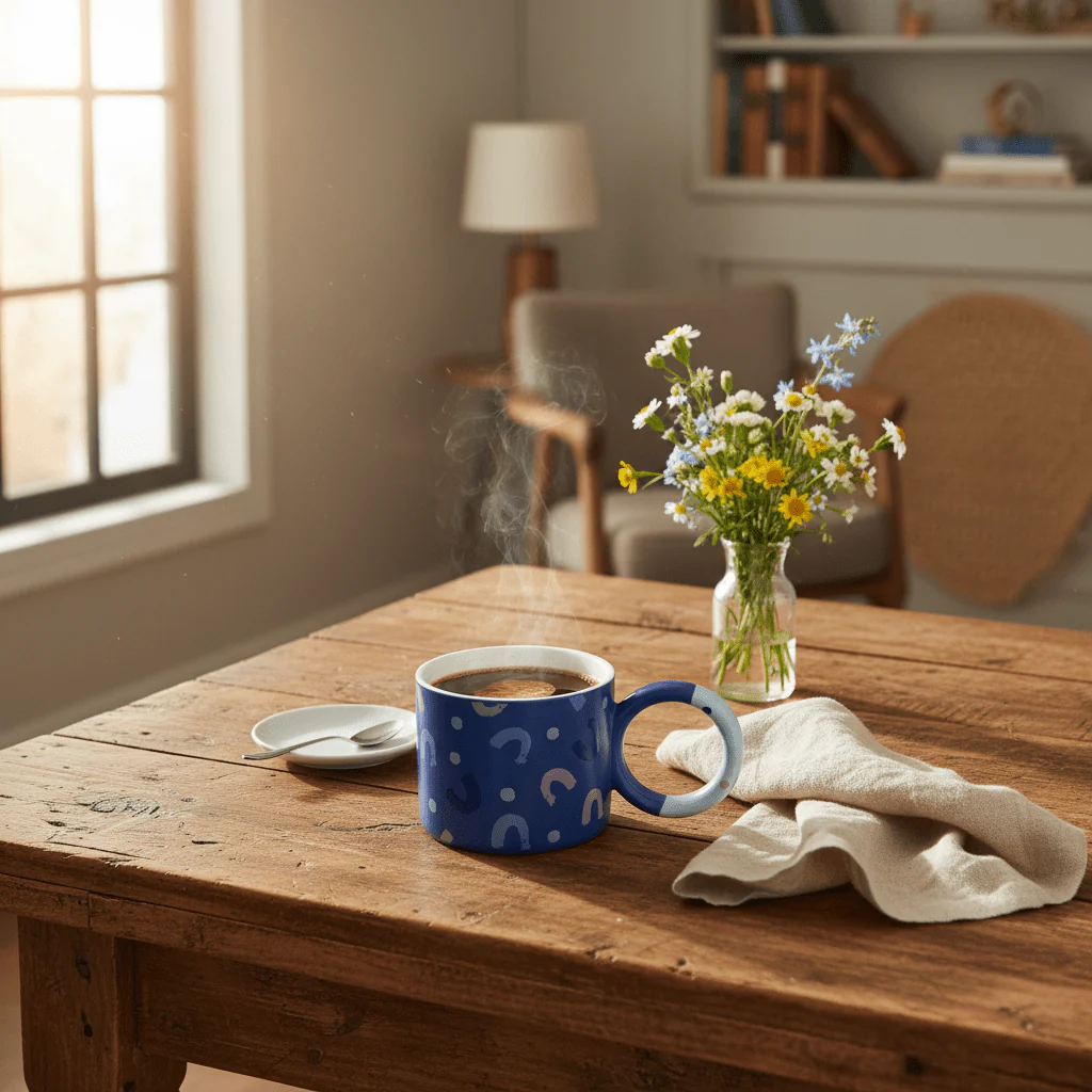 Blue Crescent Ceramic Mug 380ml | Elegant Ring Handle | Artisan Coffee & Tea Mug - Image 3