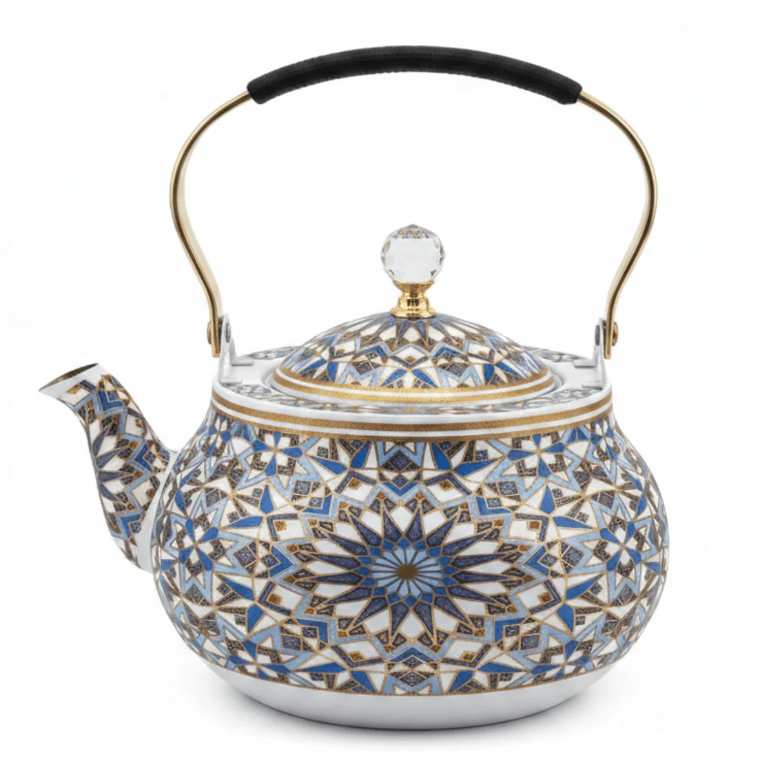 Blue & White Mosaic Metal Tea Kettle with Crystal Lid & Ergonomic Handle — 1.5 Litre | Arabic Majlis Hospitality Teapot