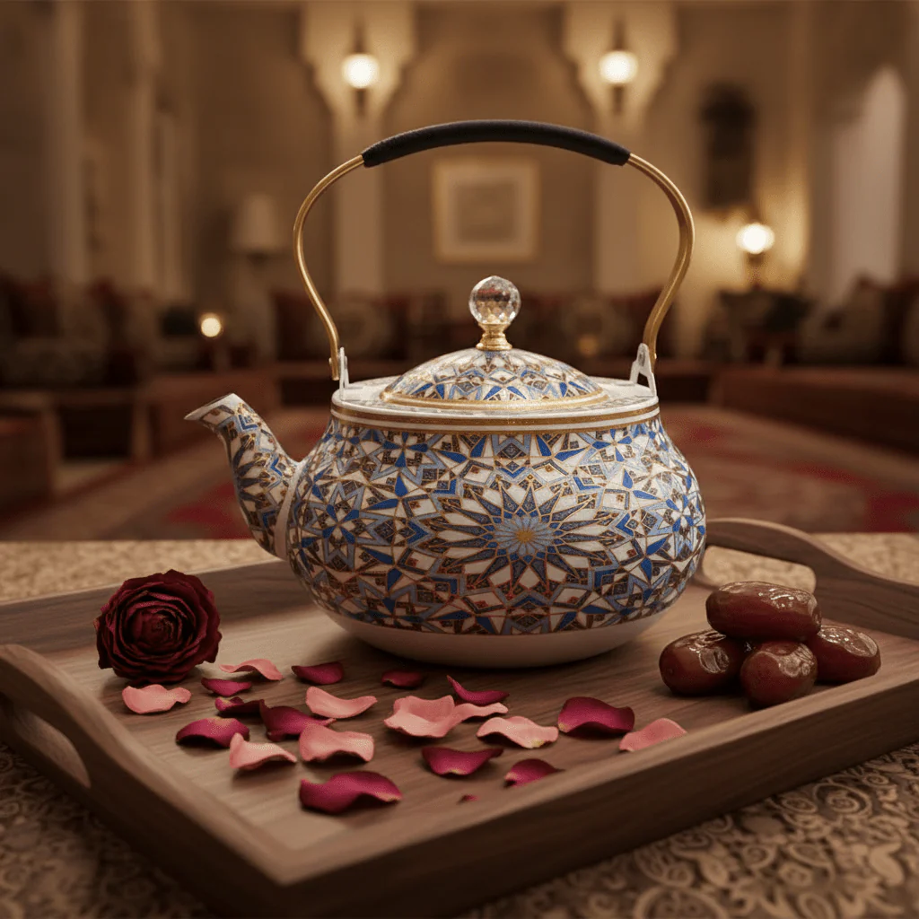 Blue & White Mosaic Metal Tea Kettle with Crystal Lid & Ergonomic Handle — 1.5 Litre | Arabic Majlis Hospitality Teapot - Image 2