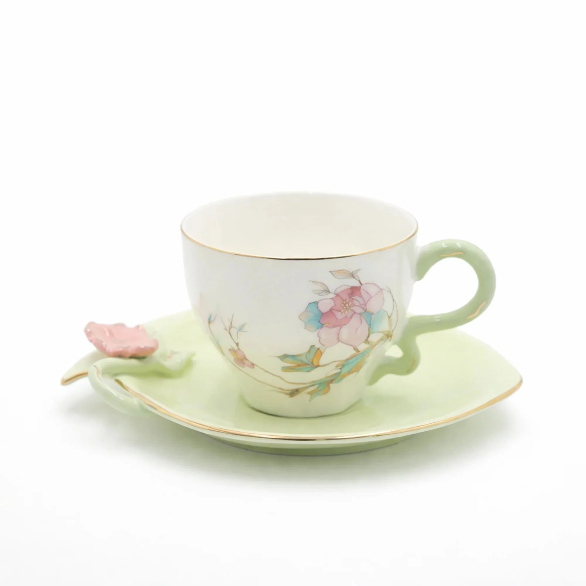 Angela BRD-434 Milk Cup with Saucer Set – 12 Pieces – Mint Green Floral Design with Gold Rim