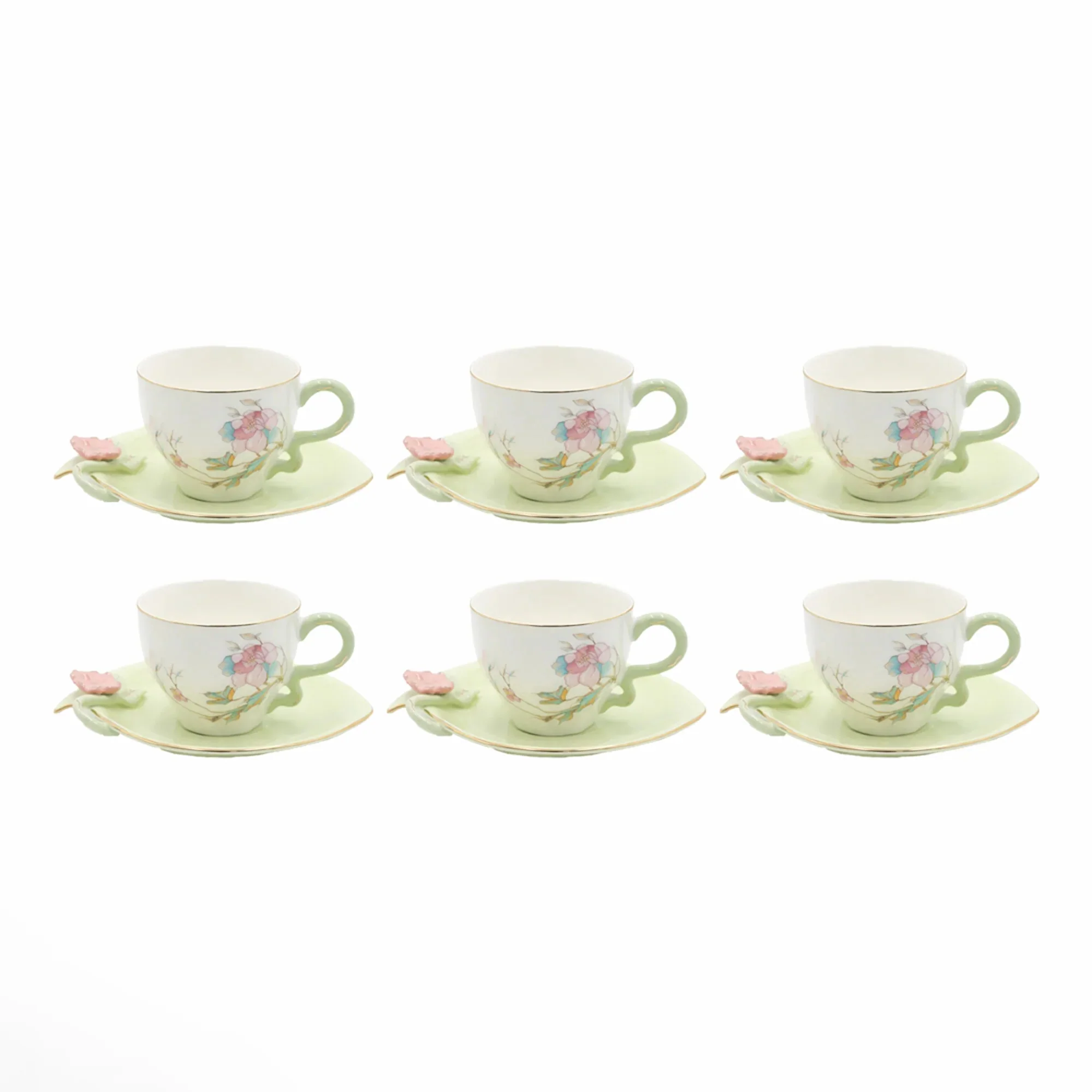 Angela BRD-434 Milk Cup with Saucer Set – 12 Pieces – Mint Green Floral Design with Gold Rim - Image 2