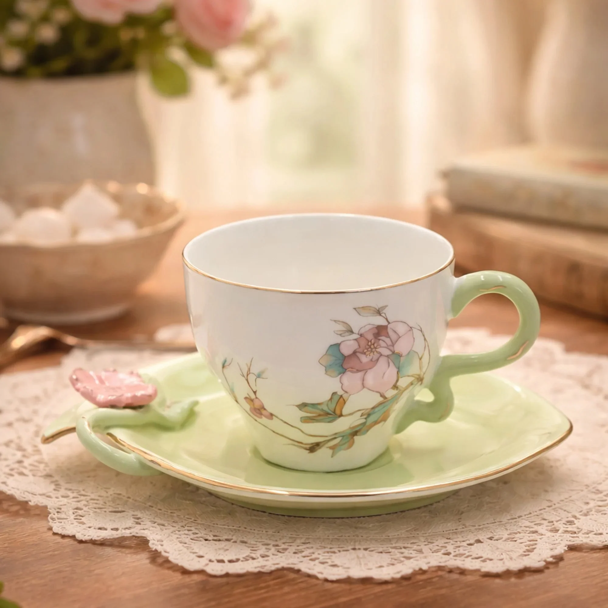 Angela BRD-434 Milk Cup with Saucer Set – 12 Pieces – Mint Green Floral Design with Gold Rim - Image 3