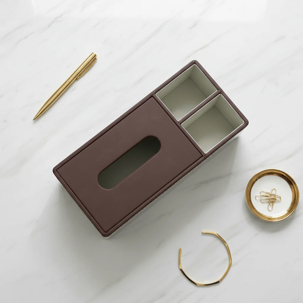 Premium Leather-Look Tissue Box with Organizer Compartments | Brown & Grey | 29×13×10 cm - Image 3