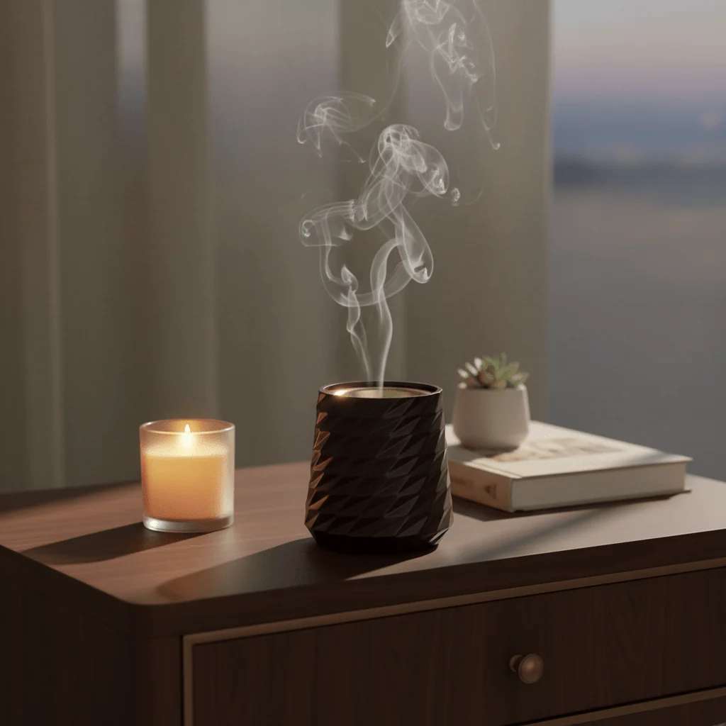 Brown Elegant Geometric Incense Burner | Dark Ceramic with Gold Interior | 10×7cm - Image 2