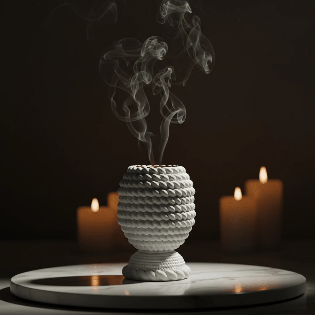 White Elegant Chalk Incense Burner | Handcrafted Bobble Texture | 12cm | Gold Rim - Image 2
