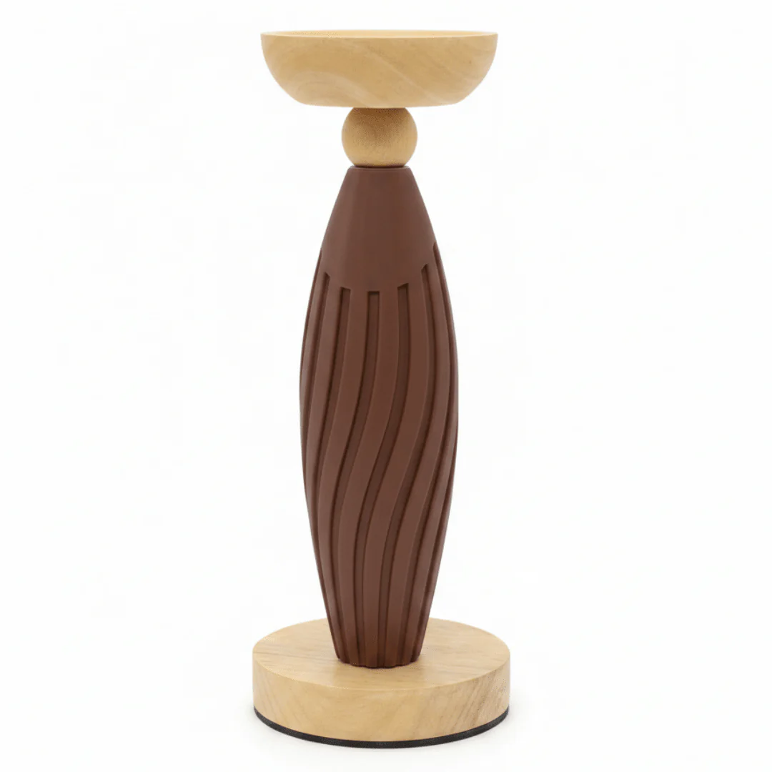 Artisan Two-Tone Candle Holder | Brown Plastic & Natural Wood | 26cm
