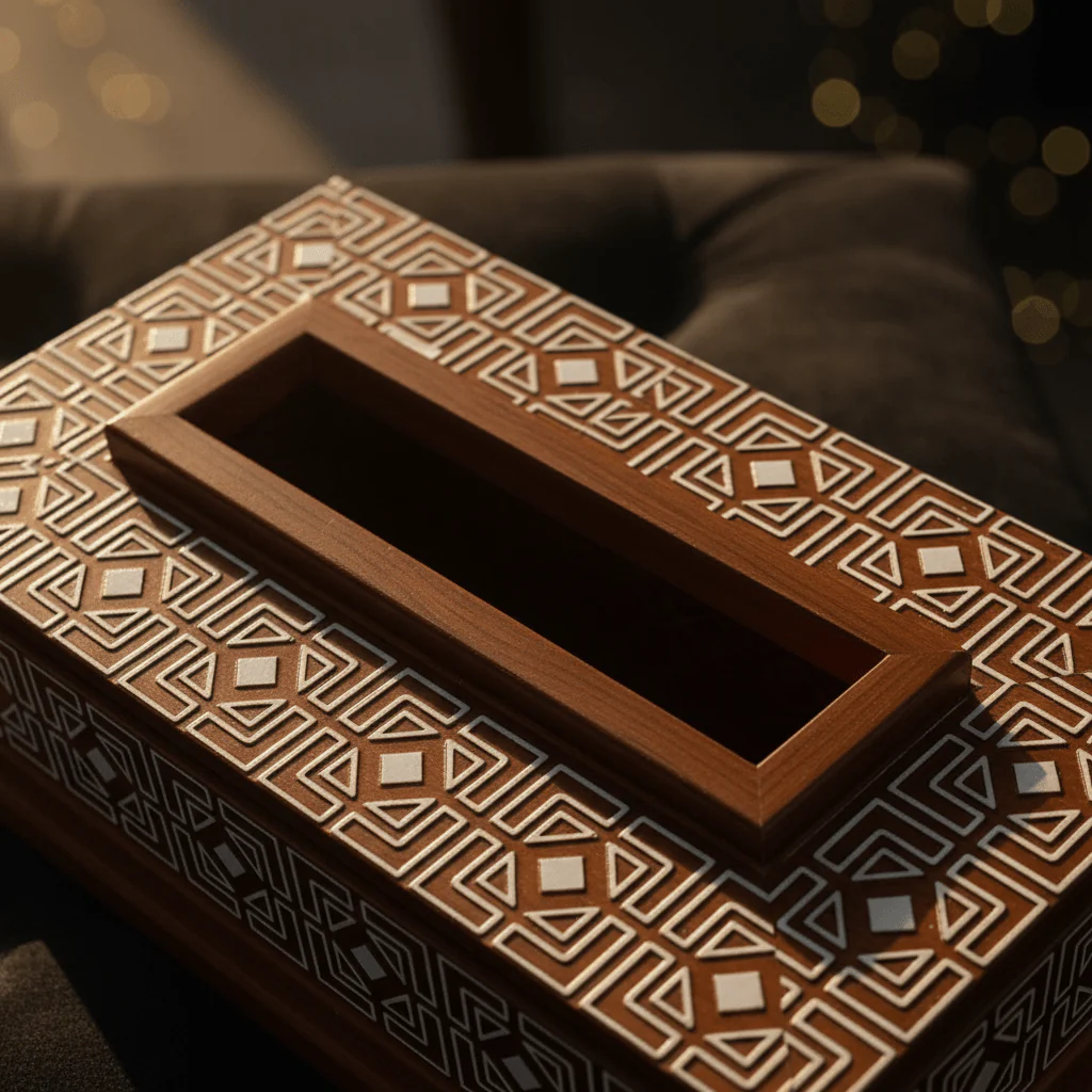 Handcrafted Arabic Geometric Wooden Tissue Box | Brown | 23×12cm - Image 2