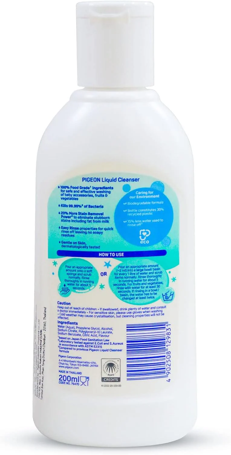 Pigeon Liquid Cleanser, 100% Food Grade Ingredients, Kills 99.99% Bacteria, 200ml - Image 2