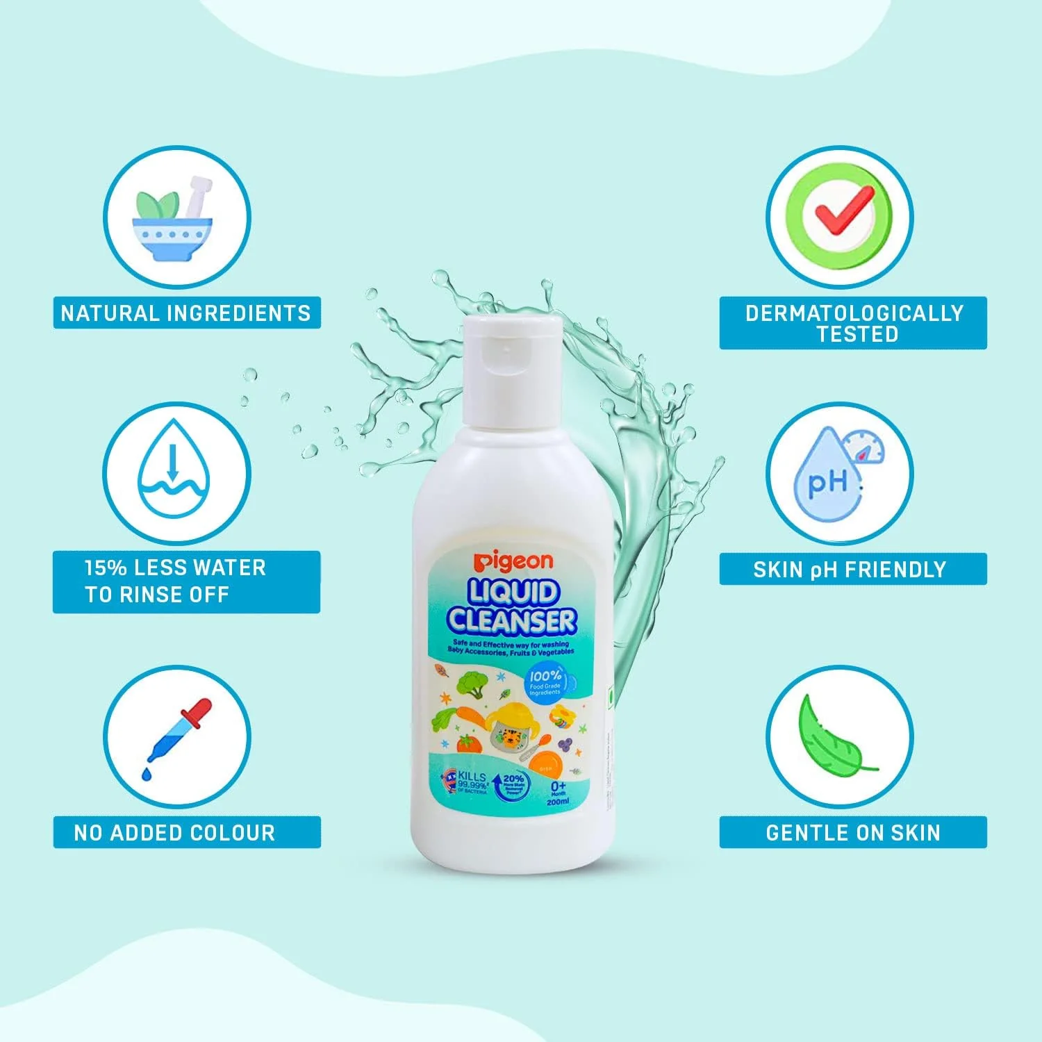 Pigeon Liquid Cleanser, 100% Food Grade Ingredients, Kills 99.99% Bacteria, 200ml - Image 3