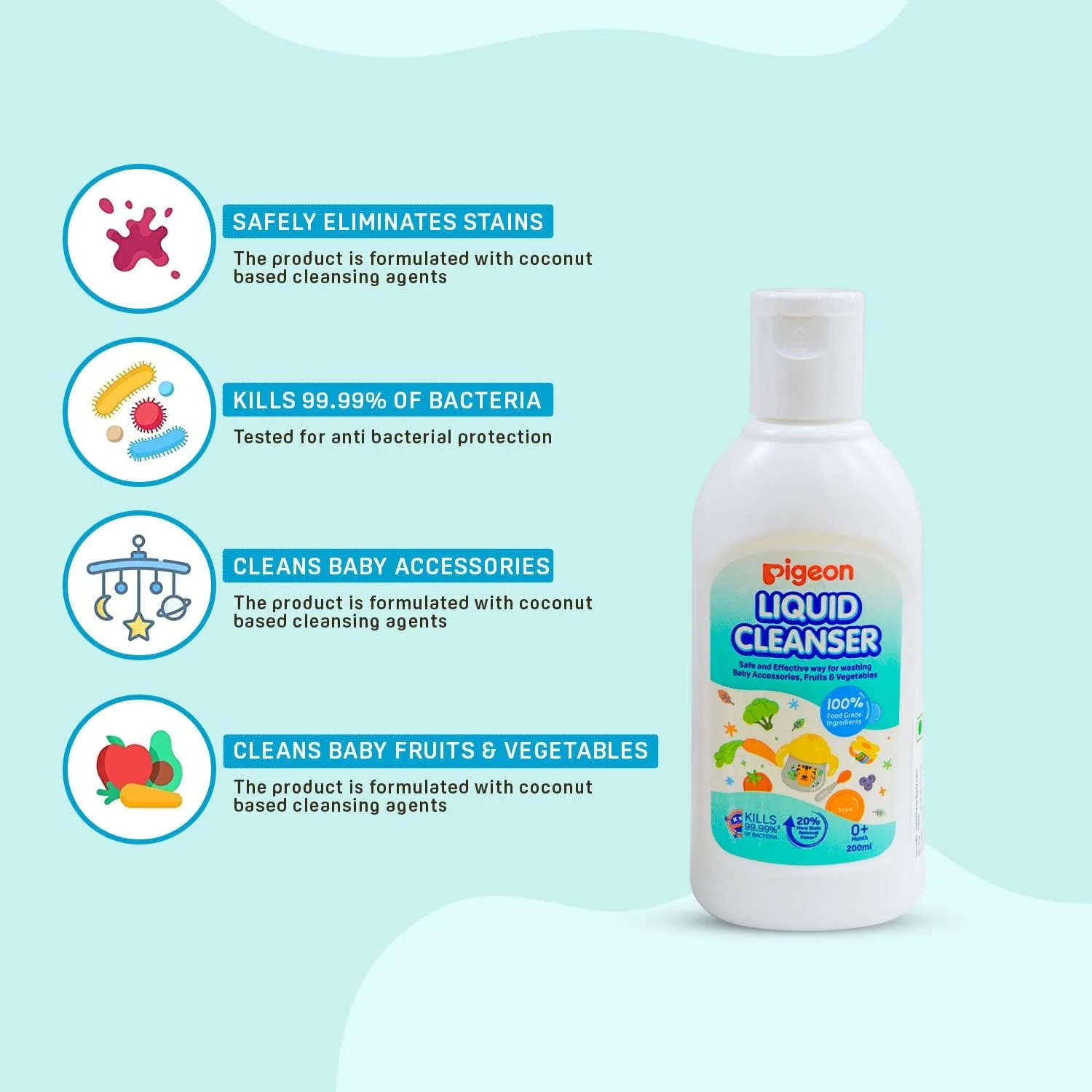 Pigeon Liquid Cleanser, 100% Food Grade Ingredients, Kills 99.99% Bacteria, 200ml - Image 4
