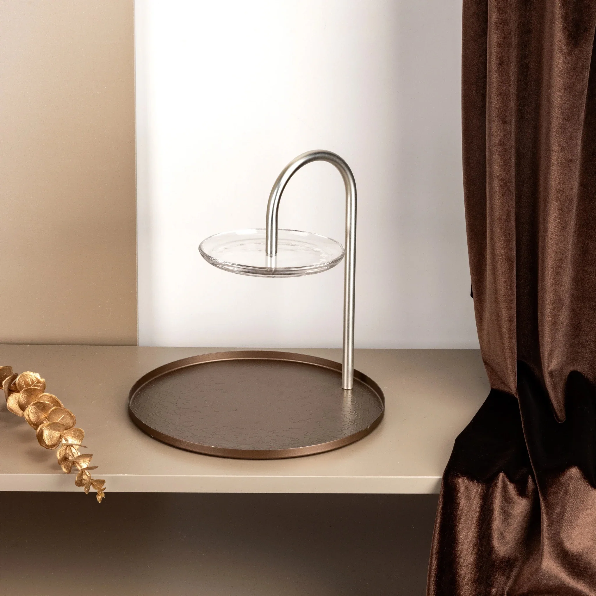 Otantik Stainless Steel Two-Tier Stand With Holder From Nourhan - Matte Brown + Matte Silver