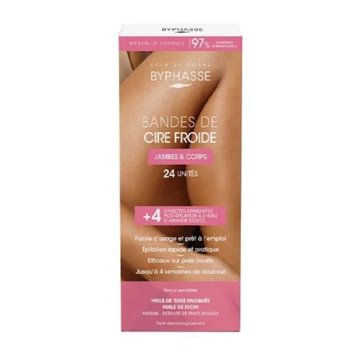Byphasse Cold Wax Strips Legs & Body For Sensitive Skin (24 Strips + 4 Wipes)