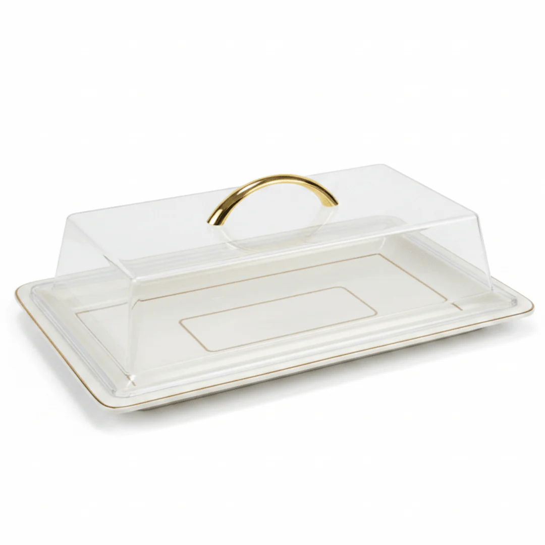 Christian Verucci Rectangle Off-White Ceramic Flat Plate with Clear Acrylic Cover & Gold Handle – 15 Inch | Elegant Serving Platter for Majlis, Dining & Gifting