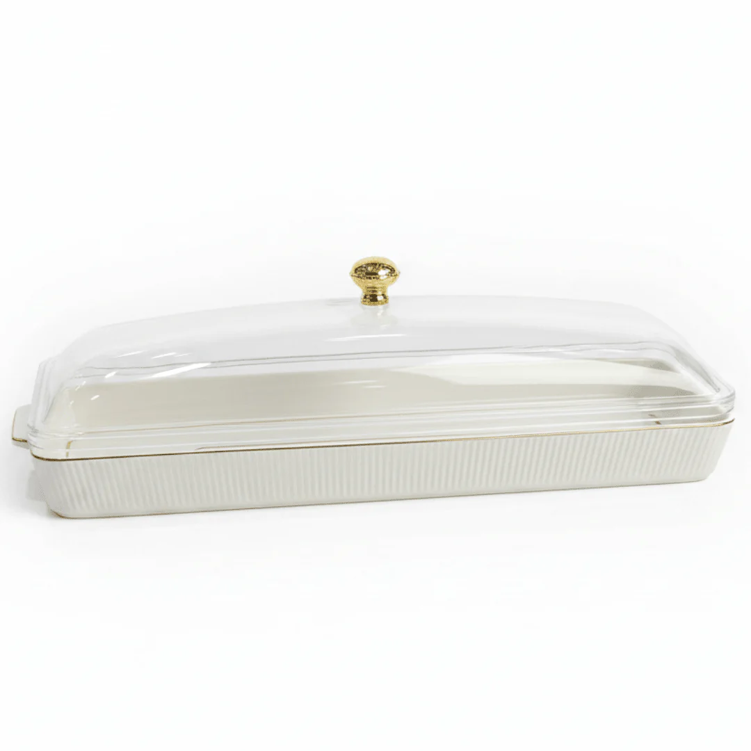 Christian Verucci Rectangle Off-White Ceramic Flat Plate with Clear Acrylic Cover & Gold Knob – 22 Inch