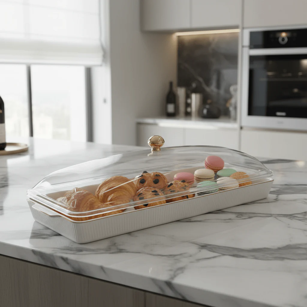 Christian Verucci Rectangle Off-White Ceramic Flat Plate with Clear Acrylic Cover & Gold Knob – 22 Inch - Image 3