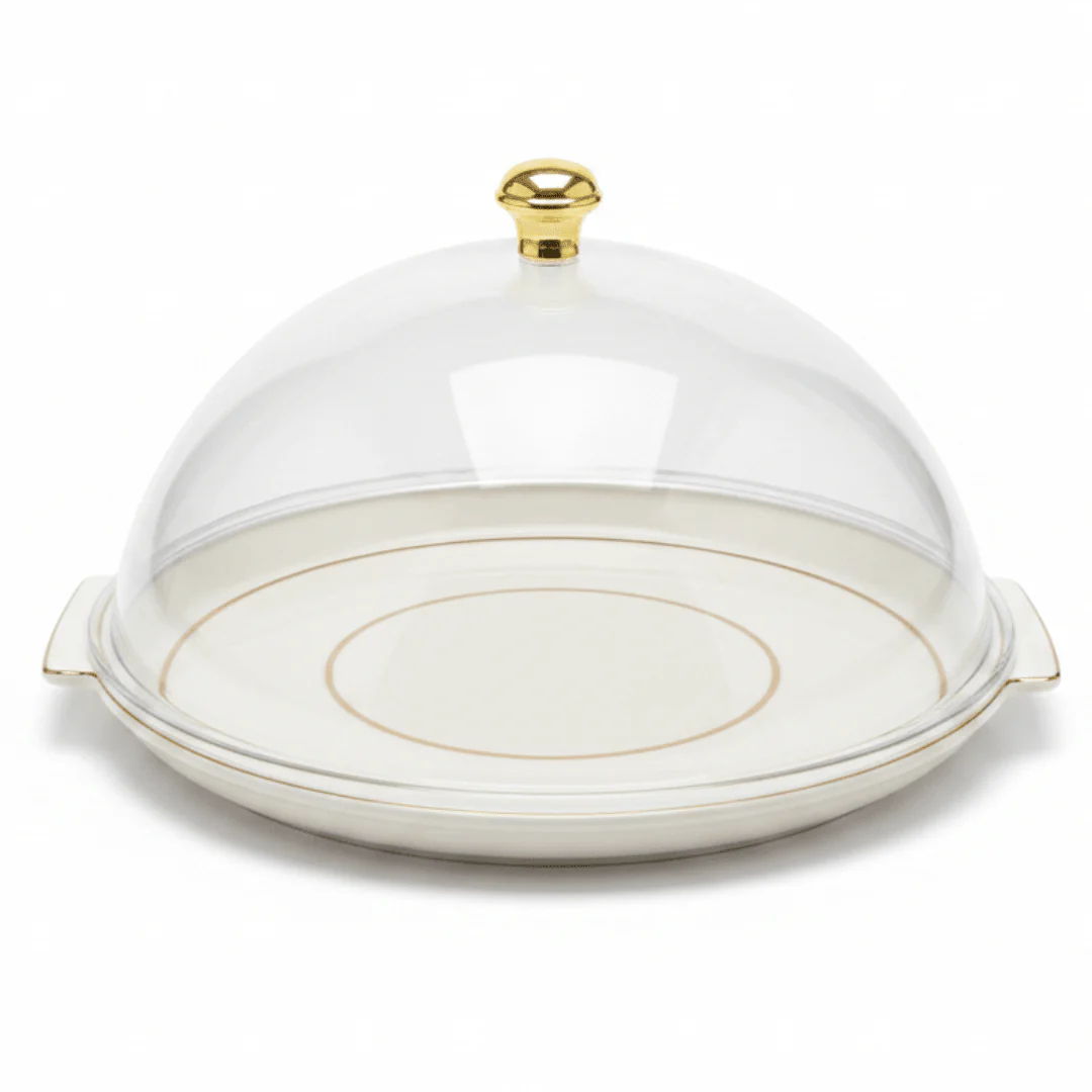 Christian Verucci Round Off-White Cake Plate with Clear Acrylic Dome Cover & Gold Knob Handle | 13.5 Inch |
