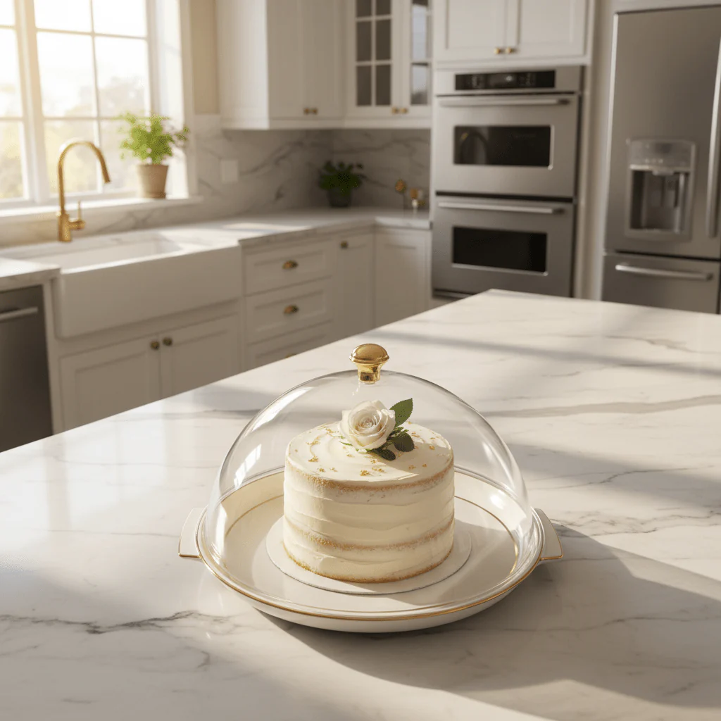 Christian Verucci Round Off-White Cake Plate with Clear Acrylic Dome Cover & Gold Knob Handle | 13.5 Inch | - Image 2