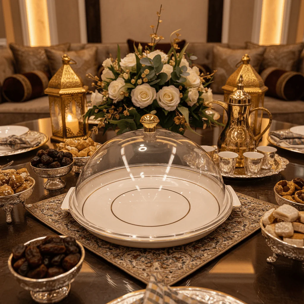 Christian Verucci Round Off-White Cake Plate with Clear Acrylic Dome Cover & Gold Knob Handle | 13.5 Inch | - Image 3