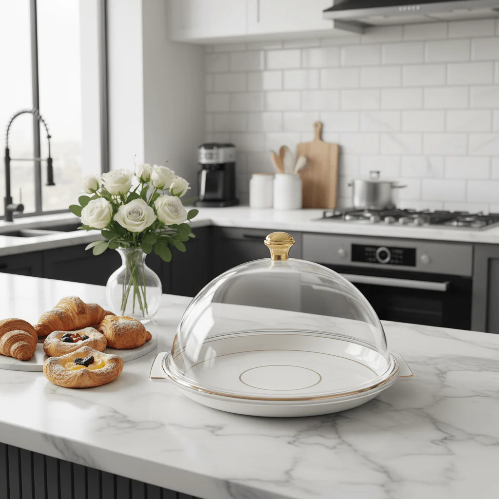 Christian Verucci Round Off-White Flat Plate with Clear Acrylic Dome Cover | Gold Knob Handle | 11.5 Inch | Elegant Serving Platter for Dates, Sweets & Pastries | Ideal for Majlis, Dining & Gifting - Image 3
