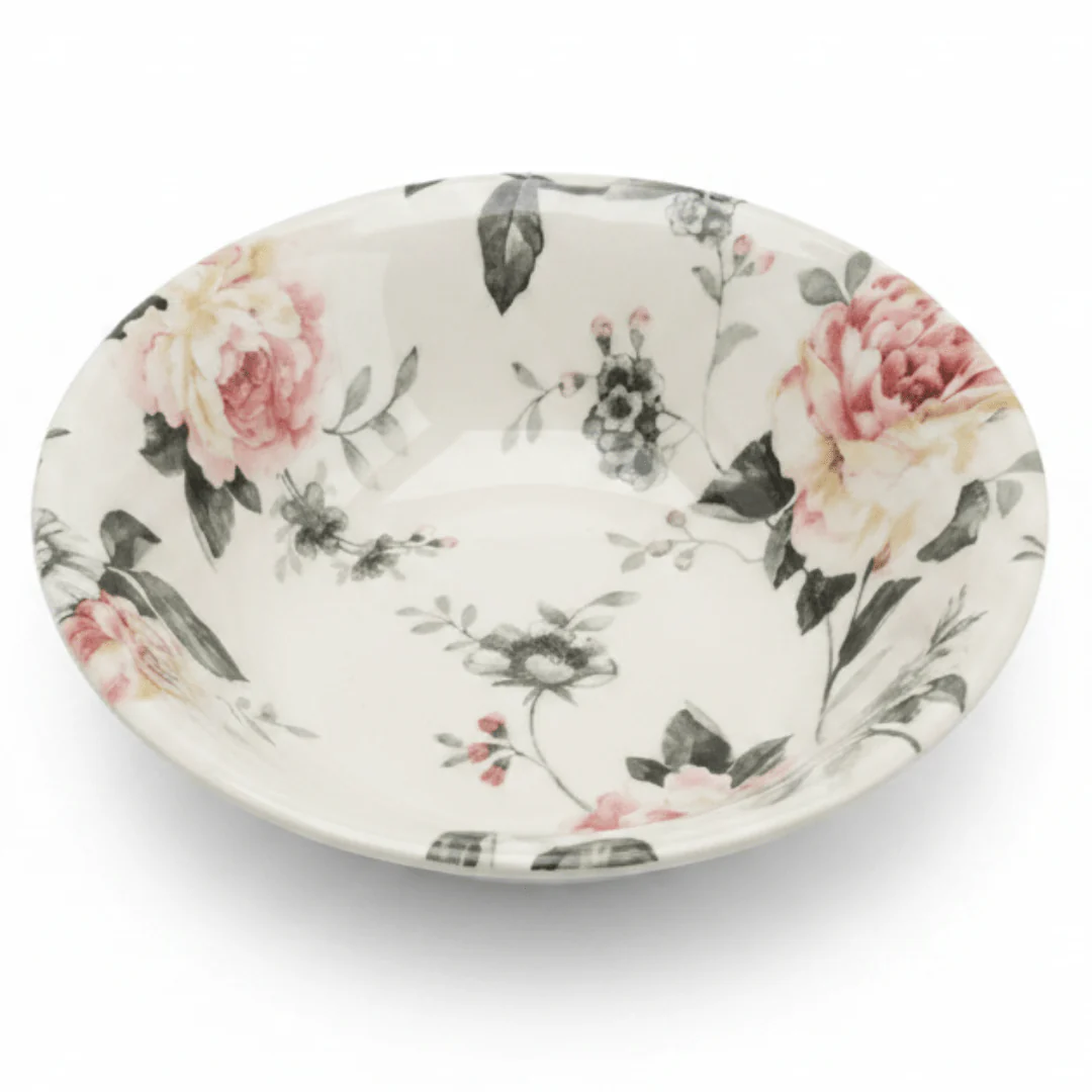 Claytan Off-White Round Ceramic Cereal Bowl with Floral Design - 6.2 Inch