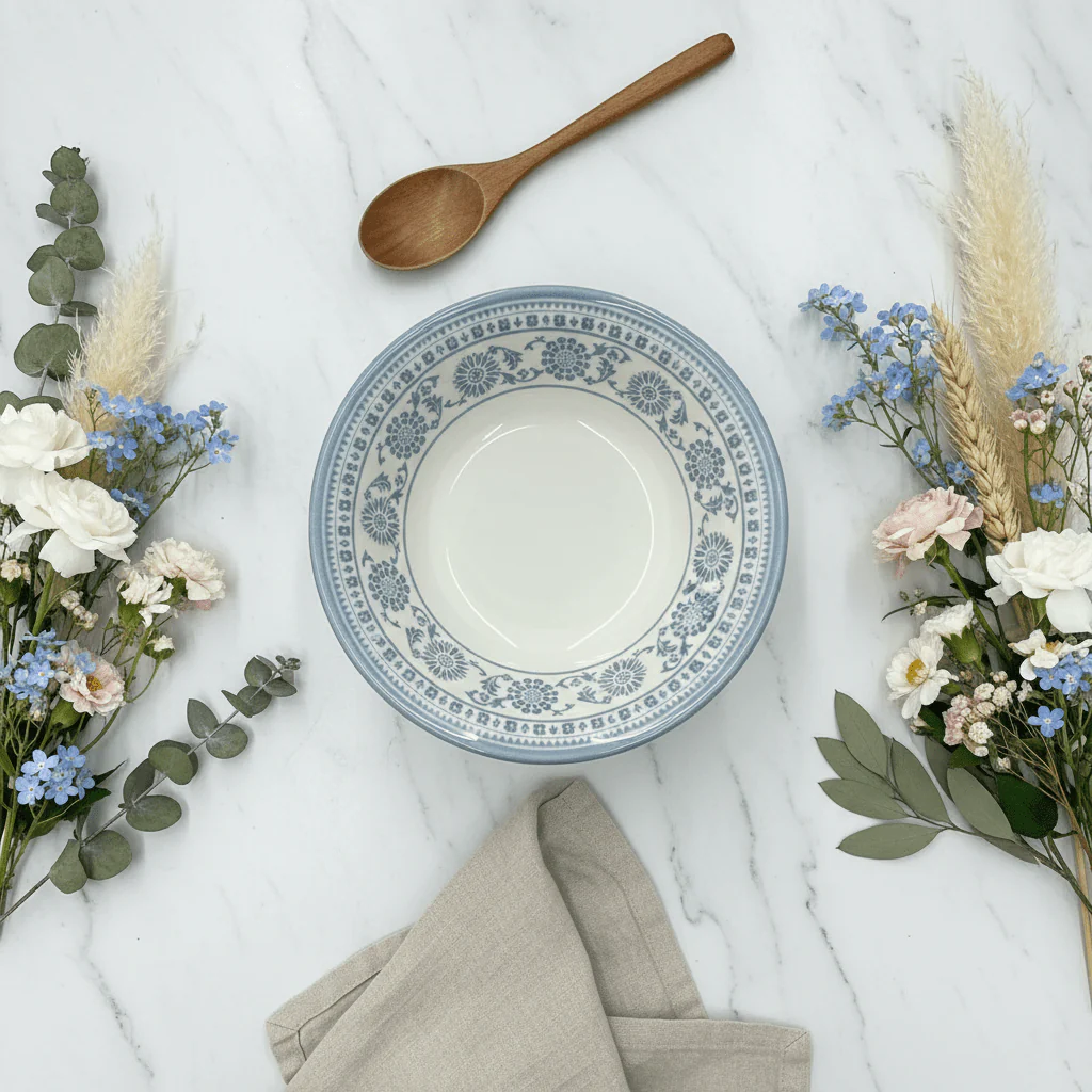 Claytan Off-White Round Ceramic Cereal Bowl with Light Blue Floral Design - 9.2 Inch - Image 3